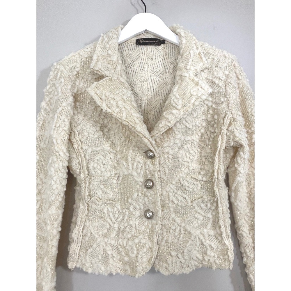 Rinascimento Italy Cream Gold Metallic Wool Blend Knit Blazer Jacket Large